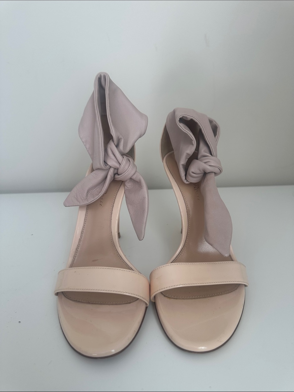 Gianvito Rossi Nude Patent Sandals with Blush Bow Ankle Tie